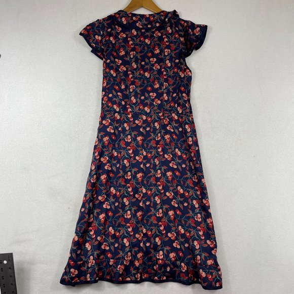 Anthropologie Hey There Cereja Cherry Print Faux Wrap Dress Size 6 Blue Satin - Picture 3 of 15